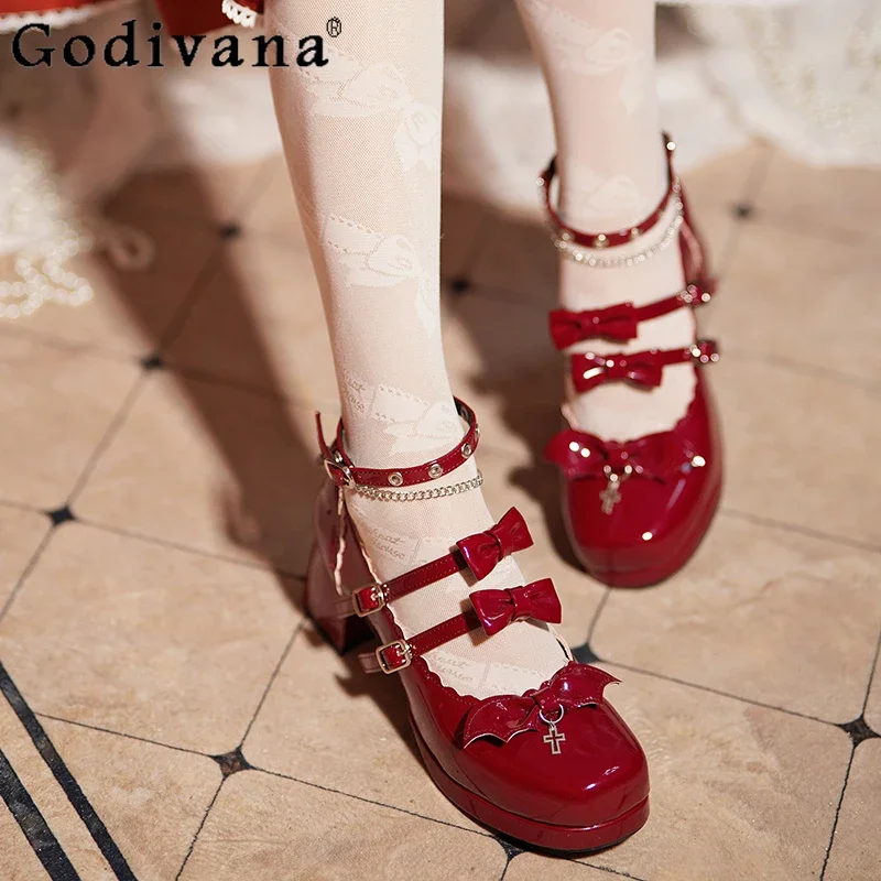 

Original Japanese Bow Cross Chain Lolita High Heels 2024 Summer New Fashion Elegant All-Match Mary Jane Shoes Women Red Shoes