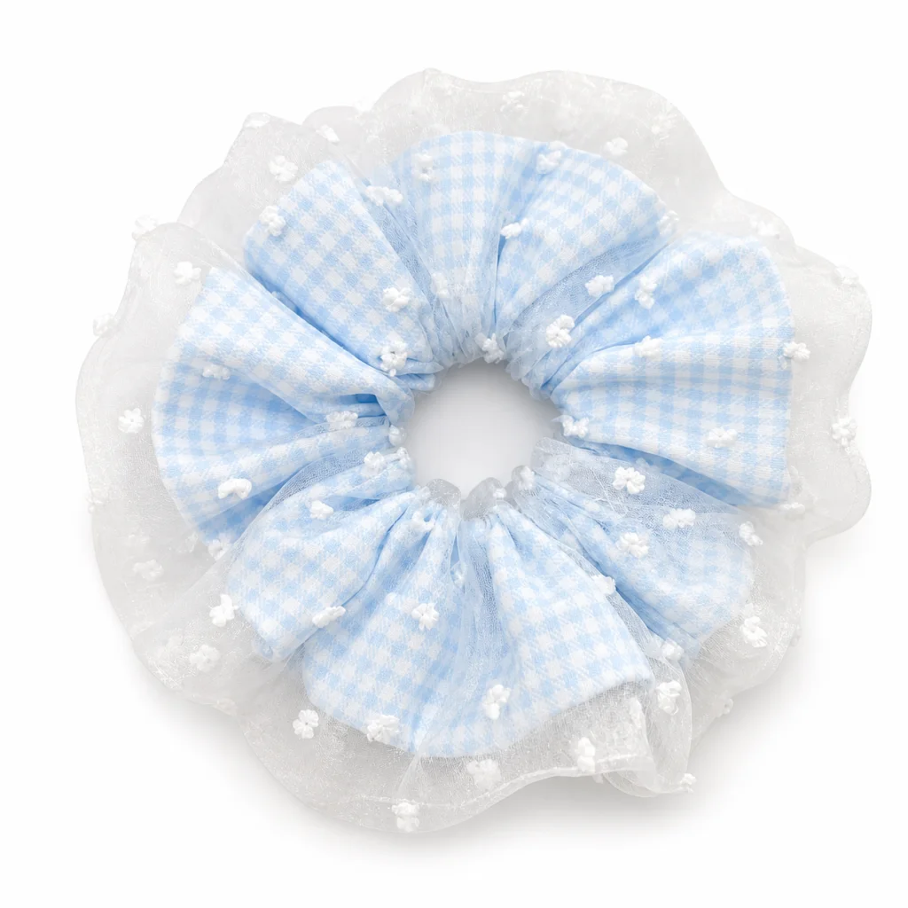 powder-blue-gingham-dotted-organza-ruffle-single-layer-scrunchie-handmade-hair-tie