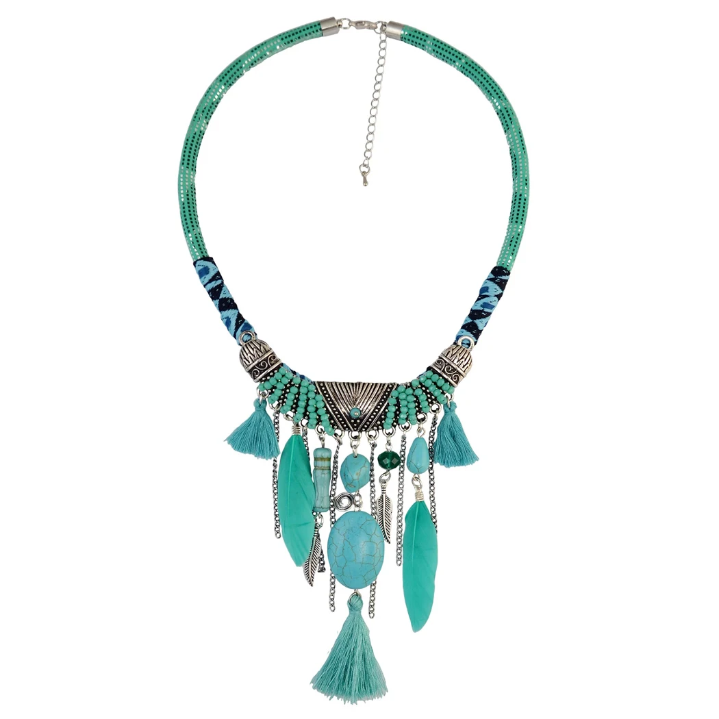 Bohemian African Ethnic Thread Long Bib Choker Necklace For Women Indian Tribal Feather Turquoise Beads Rope Collar Neck Jelwery