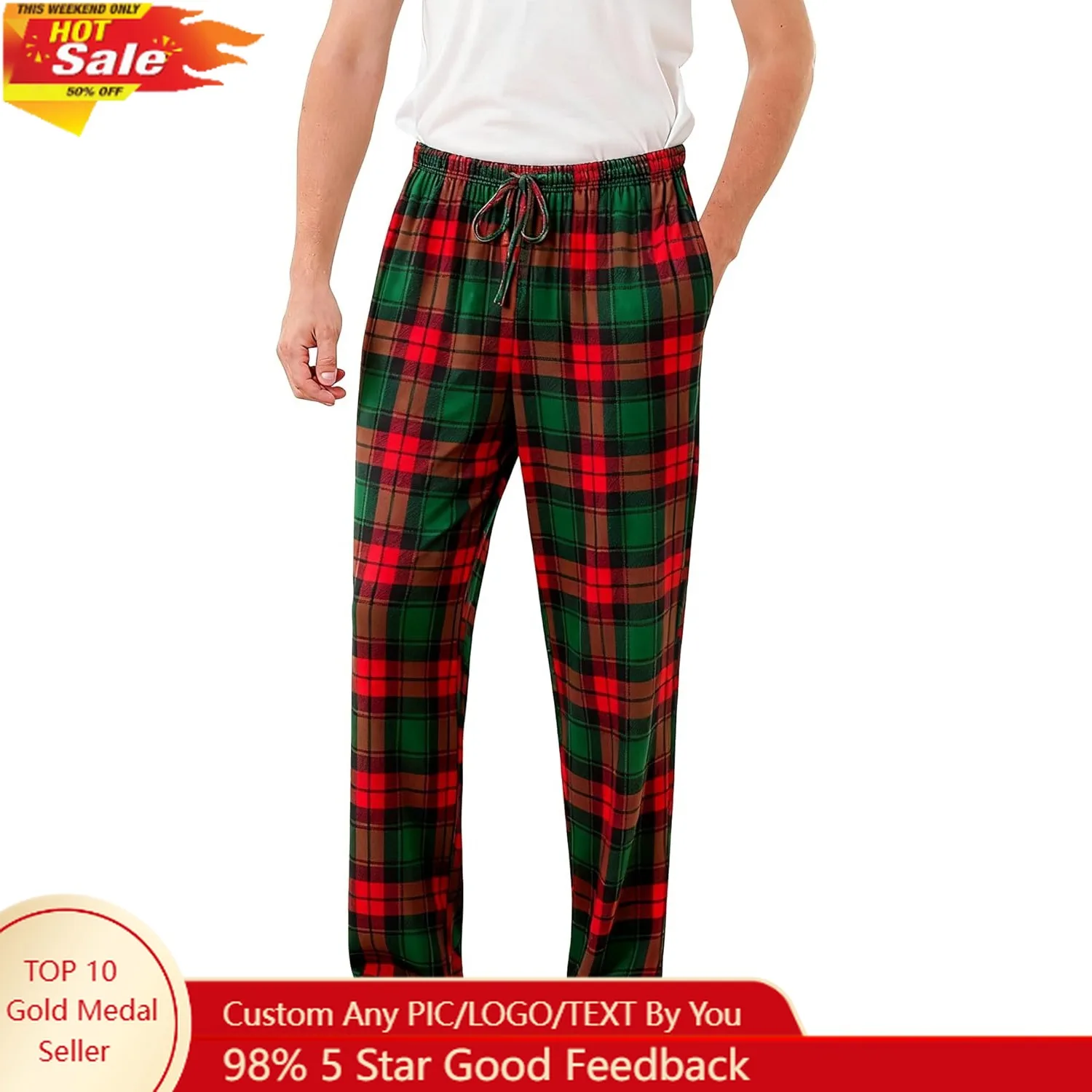 رجل عيد الميلاد منامة السراويل منقوشة الفانيلا Pjs أسفل مع جيوب M-XXL #1