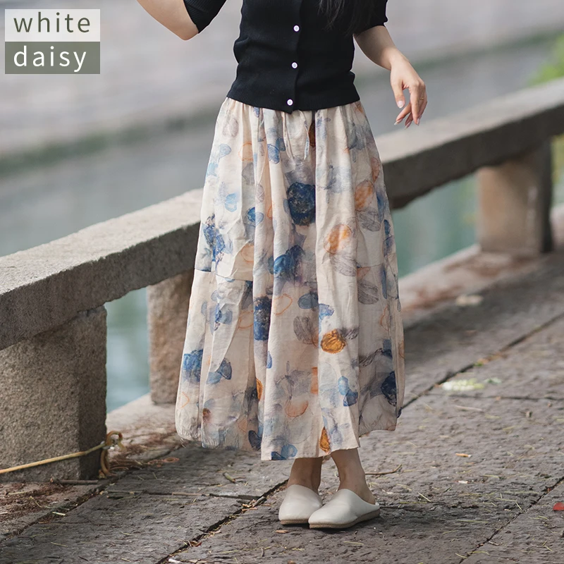 

Белая женская юбка миди с акварельным принтом, шелково-льняная, весна-лето, новая, А-силуэт, с цветочным узором, средняя талия