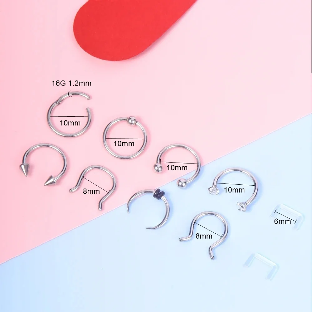 10Pcs/set 16G Horseshoe Nose Ring Stainelss Steel Nose Piercing Punk Rock Nose Ring Ear Expander Septum Piercing Helix Earring