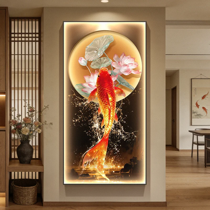 

New Chinese Style Koi Carp Led Light Painting Electronic Clock Hanging On The Wall Living Room Decoration Light Painting Lustre