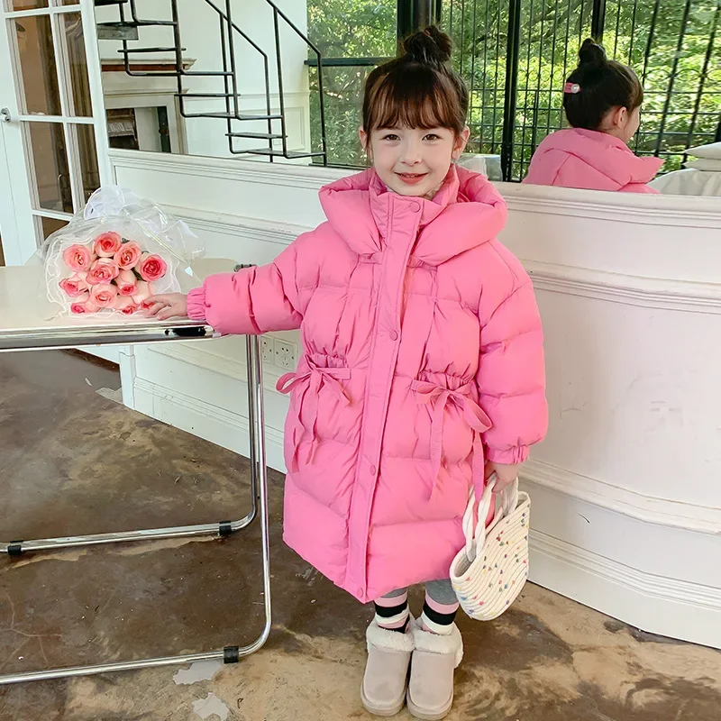 2023 Children's female treasure girls winter goose down clothing long over the knee pink down jacket girls thicker new