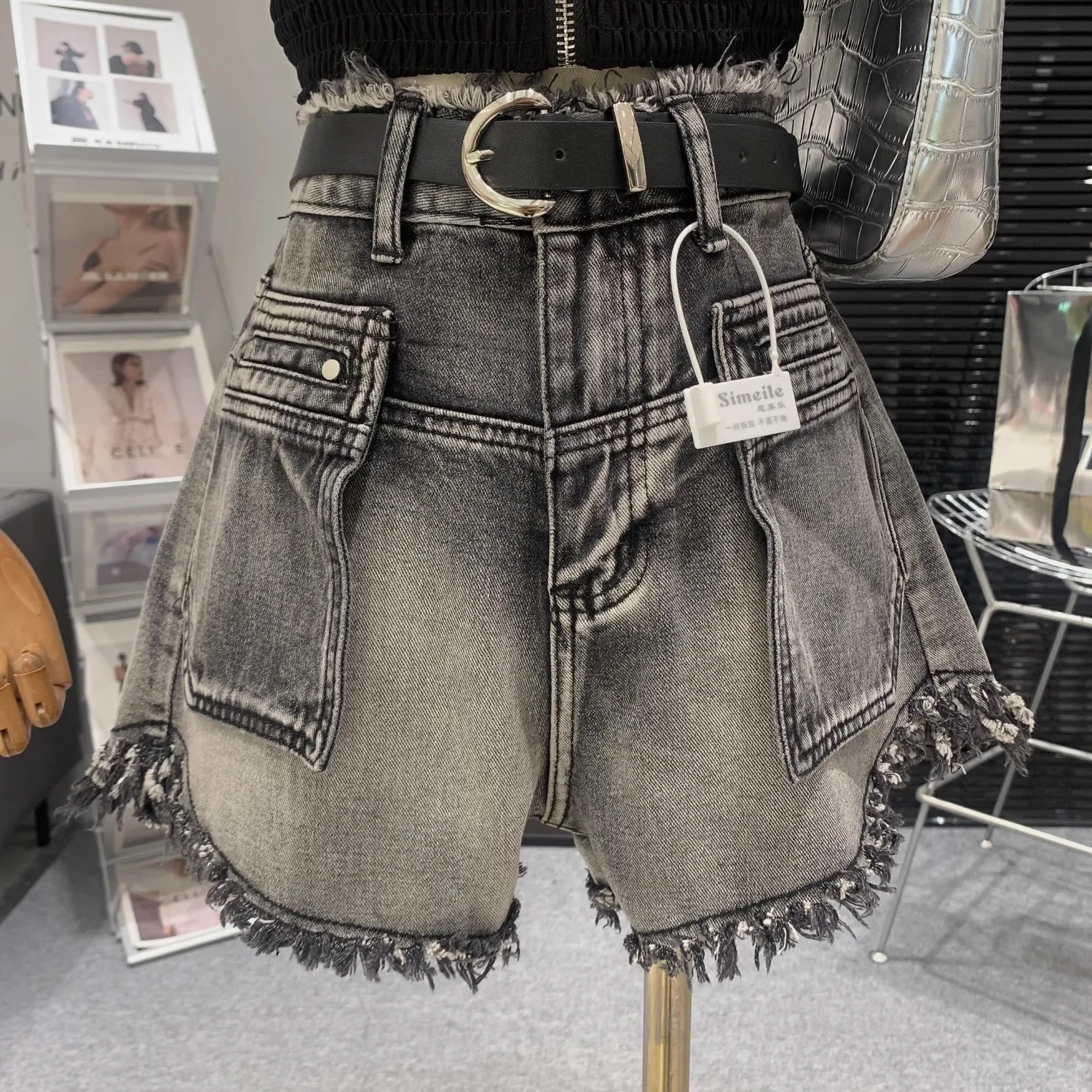 Korean summer new style tassel ruffled high waisted denim shorts for women's loose A-line wide leg pants hot pants