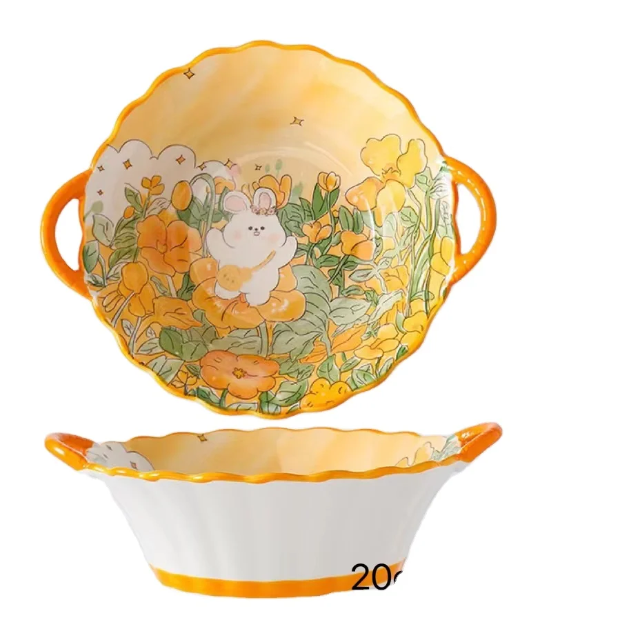 

Creative cartoon rabbit flower ceramic bowl and plate tableware set