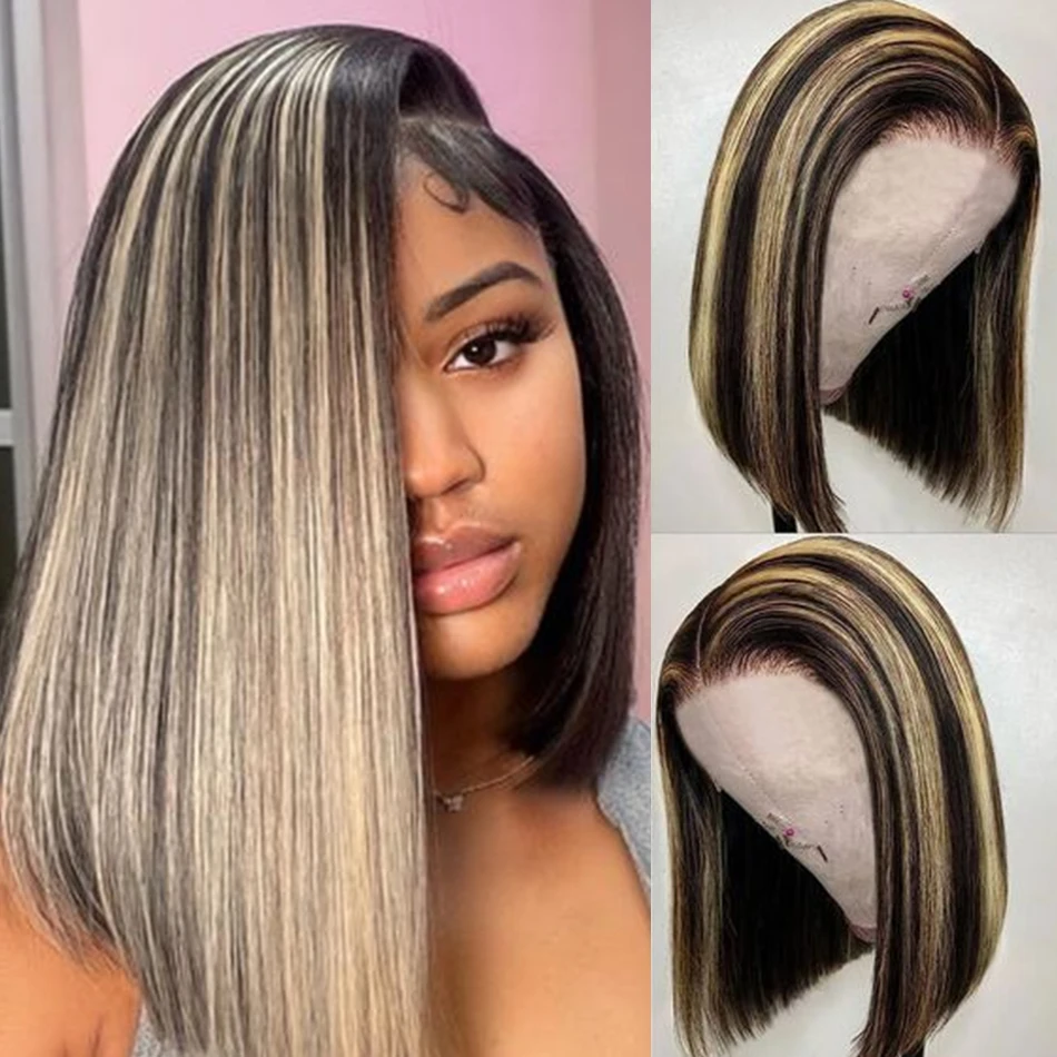 1B/27 Highlight 13X4 Lace Frontal Human Hair Wigs 200% Black Brown 1/30 Colored Bob PrePlucked Bone Straight Lace Front Wig