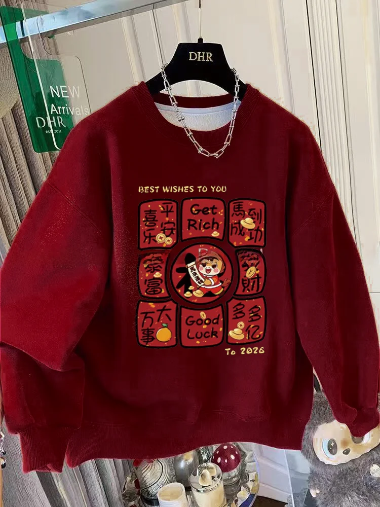 

Новогодняя коллекция 2026: Модная женская толстовка с круглым вырезом, флисовой подкладкой, утолщенная, с золотым принтом, в корейском стиле, с длинными рукавами