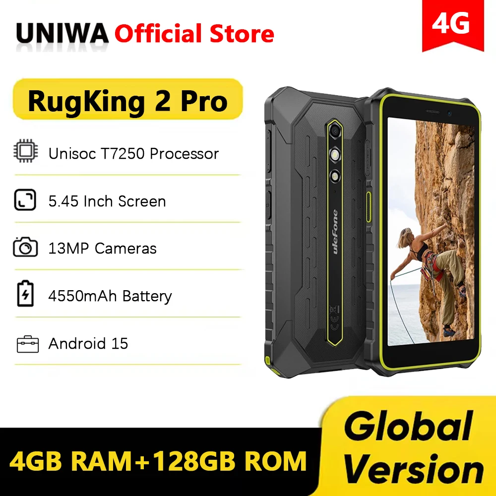 Ulefone RugKing 2 Pro AI Rugged Smartphone Android 15 5.45 Inch 4GR AM+128GB ROM Mobile Phone NFC 4G Cellphone Global 4550mAh