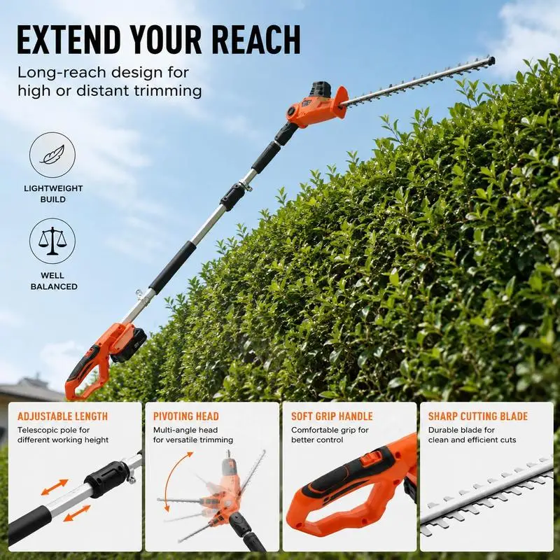 Taille-haie télescopique, 20V, moteur en cuivre, 17.500 tr/min, taille-haie électrique, longueur de lame 46 cm, extensible de 188 à 239 cm, diamètre de coupe 16 mm, 30–150 °   rotatif, incl. Chargeur rapide et batterie