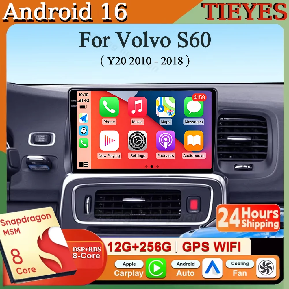 Android 16 For Volvo S60 Y20 2010 - 2018 Car Radio Stereo GPS Navigation Multimedia Player Wireless CarPlay Android Auto WIFI BT