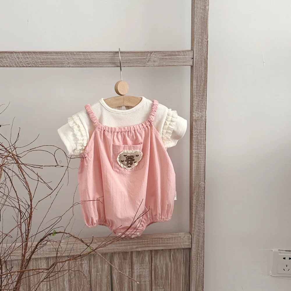 2026 New Baby Clothes Little Bear Patch Camisole Romper for Girls with Matched Apricot Lace Short-sleeve Base Shirt