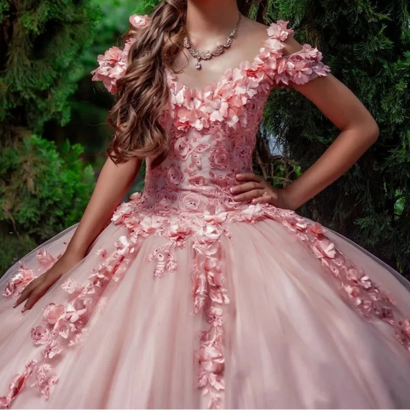 AQ149 dostosowane dziewczyny Quinceanera sukienka okazjonalna Off ramię 3D kwiatowy gorset Vestido De VX Anos suknia wieczorowa na bal formalna