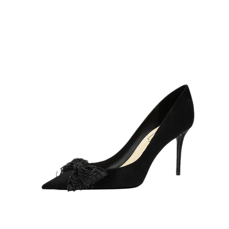 

A77 Французский дизайн Sense Нишевые туфли на высоком каблуке Женские универсальные замшевые туфли с острым носком и черным бантом для женщин Zapatillas De Mujer Elegantes