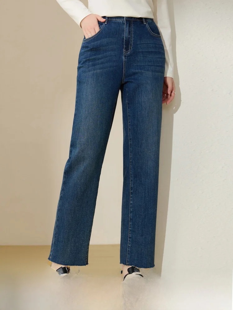 

Slimming Nine-Piece Denim Pants Flared Hem Mid-High Waist Straight Leg Commute Style Spring New Women's plus Size Jeans