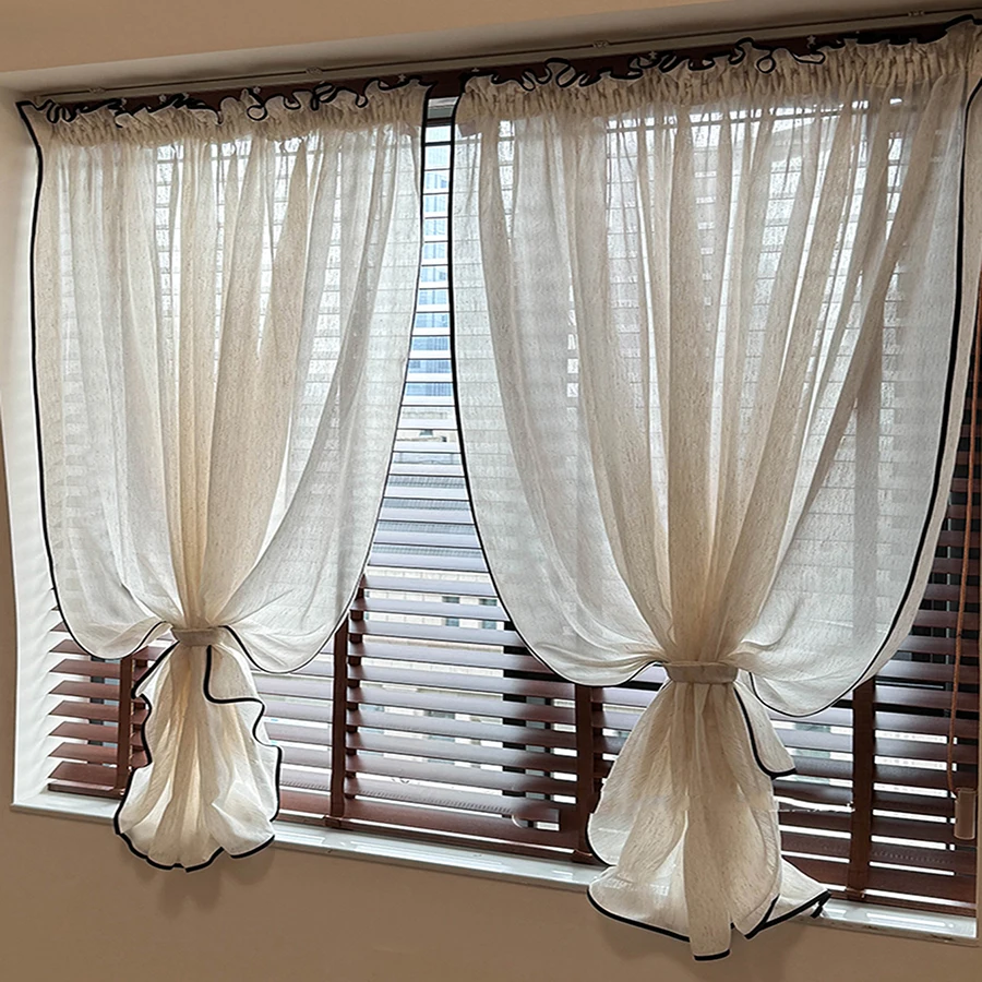 Imitate Plain Faux Linen Textured Sheer Tulle Drapes with Black Edging Strips Decor,Vintage Curtains for Bedroom,Kitchen Voile