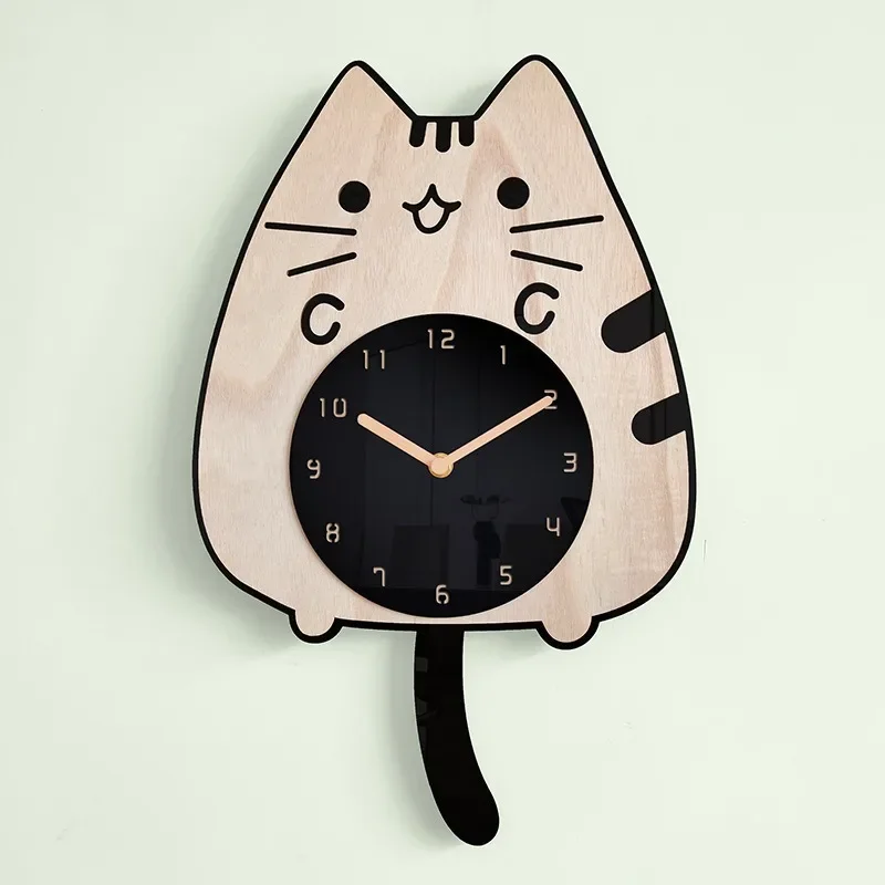 Wooden Cartoon Clock Home Living Room Decoration Luxury Children's Room Cat Tail Wagging Creative Silent Swinging Wall Clock