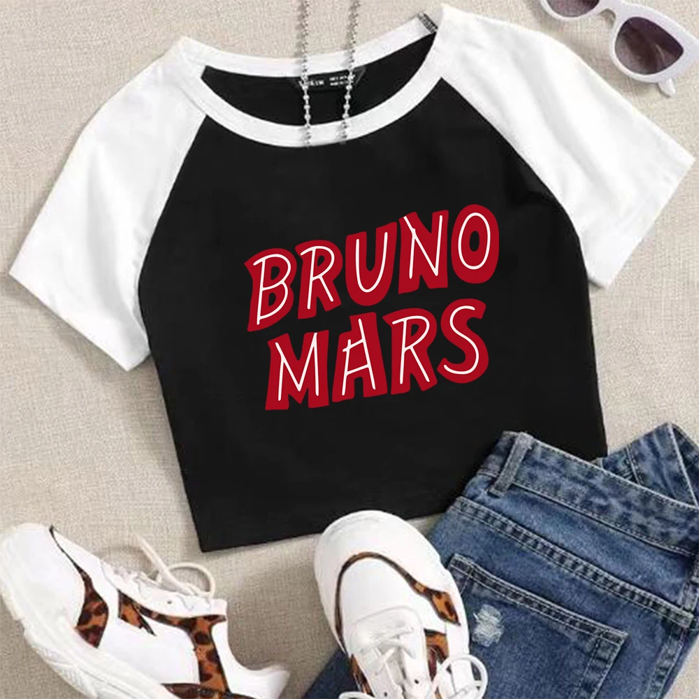 

Укороченная рубашка BRUNO MARS Y2K, модный сексуальный укороченный топ с короткими рукавами и круглым вырезом для девочек