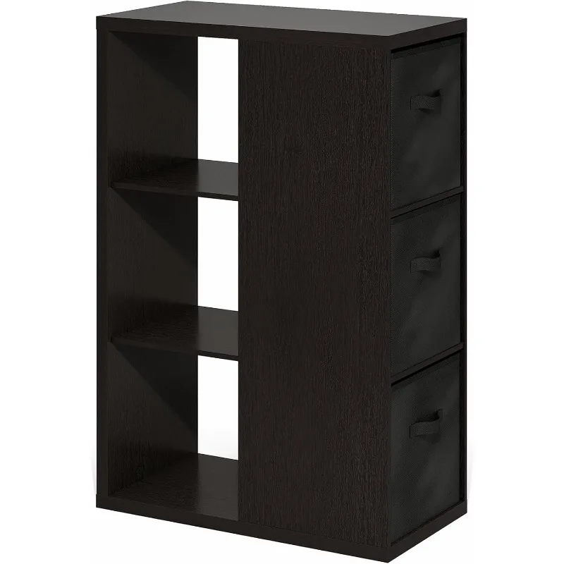 

3-х уровневый книжный шкаф с открытой полкой Viola, книжная полка, органайзер для хранения, с ящиками для хранения, темный дуб/черный