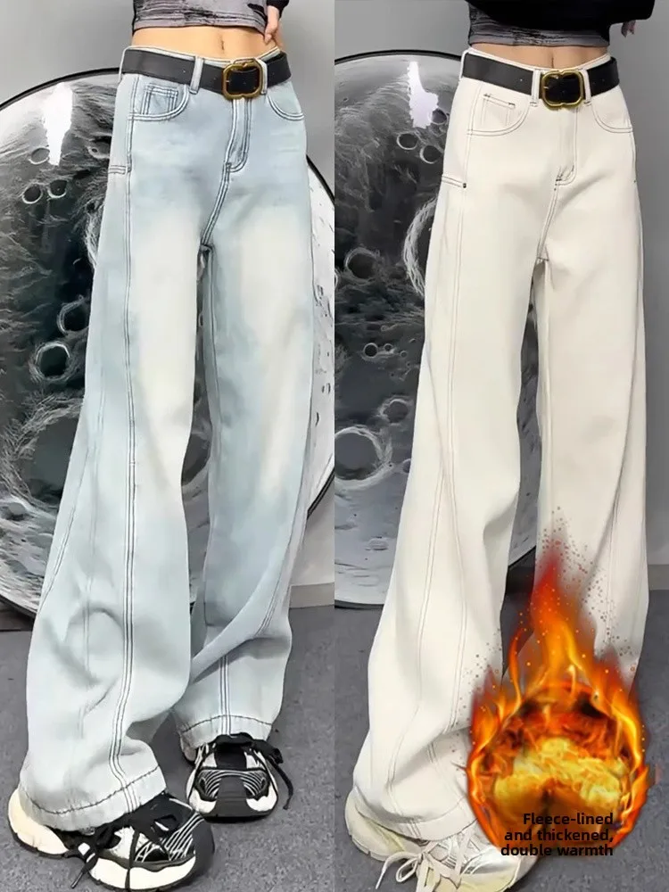 

plus Size Fleece Lined Thick Denim Jeans High Waist Wide Leg Casual Style Women's Winter Pants Comfortable Loose Fit Straight...