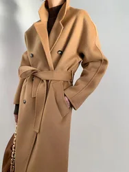 New Women High-end Double-sided Cashmere Coat Long Water Ripple Coats Double-sided Woolen Jacket Loose Tie Female Autumn Winter