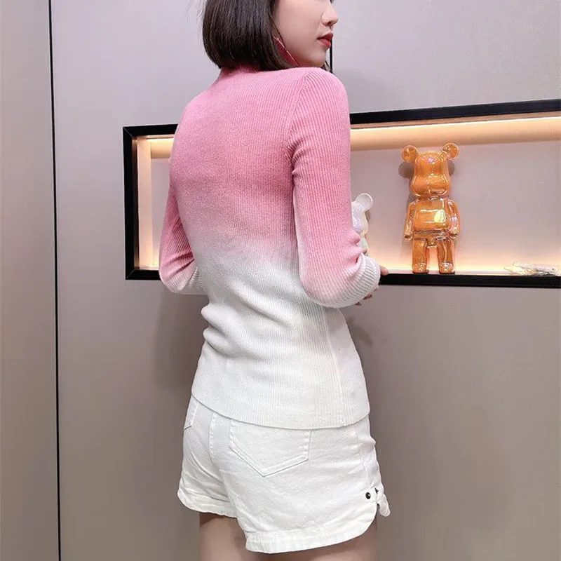 Gradient Turtleneck Sweater Women High Elasticity Soft Knitwear Female Pullovers Long Sleeve Casual Base Sweater