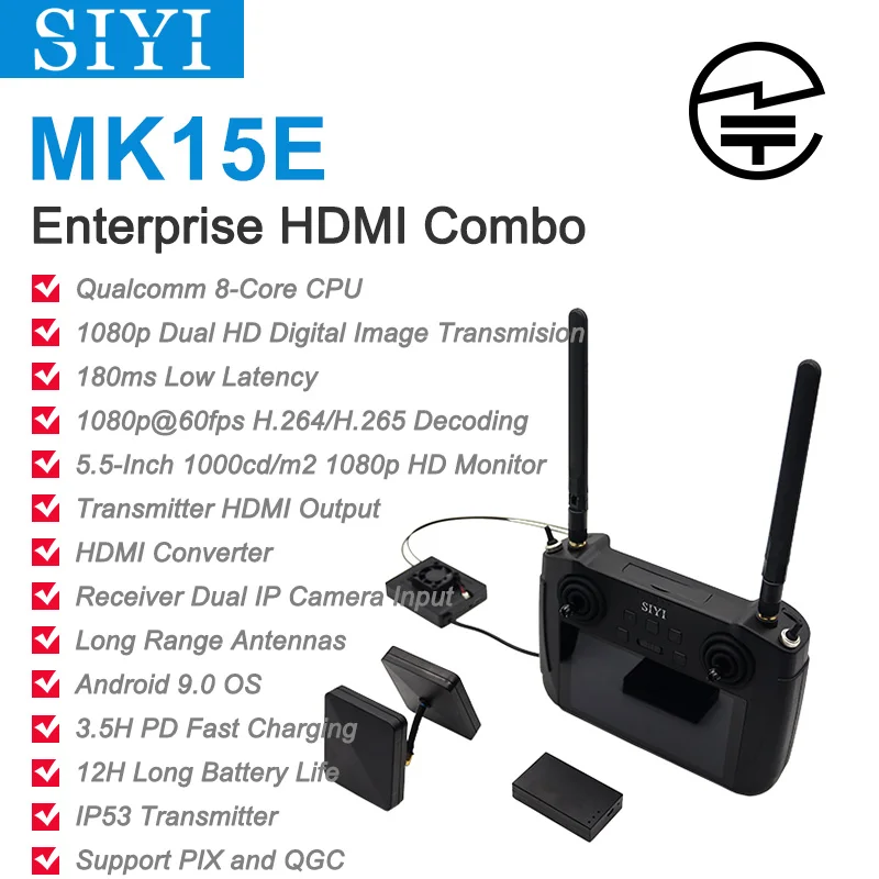 

Портативная радиосистема SIYI MK15E Mini HD, передатчик с дистанционным управлением, 4,3-дюймовый монитор 5,5 p 60fps 1080 мс FPV, сертифицировано японским микрофоном