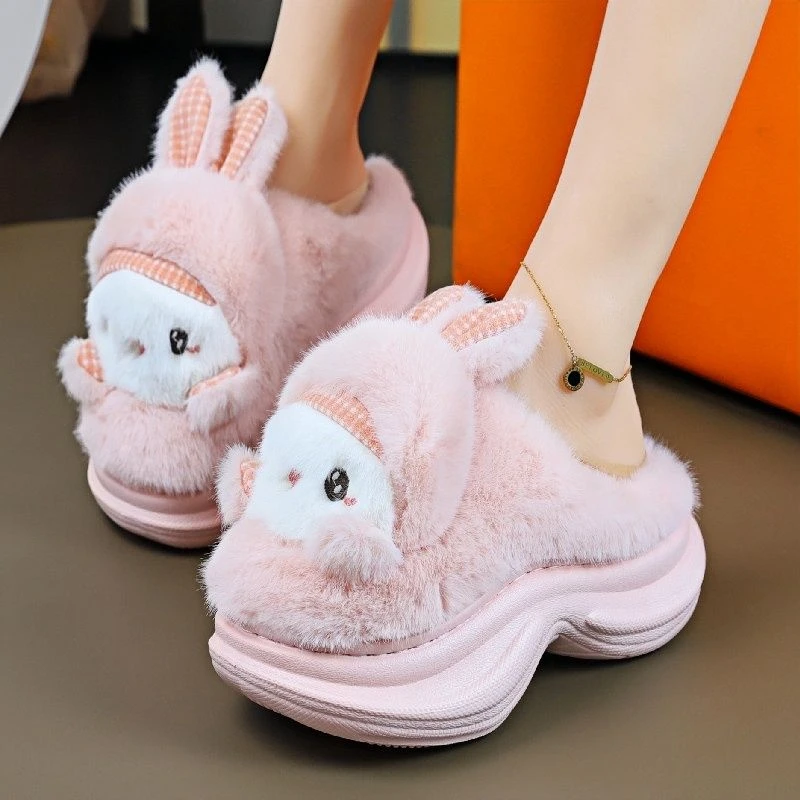 Woman Platform Thick Heeled Elevator Shoes for Women Furry Flipflops New Arrival 2025 Cute Rabbit Fluffy slippers