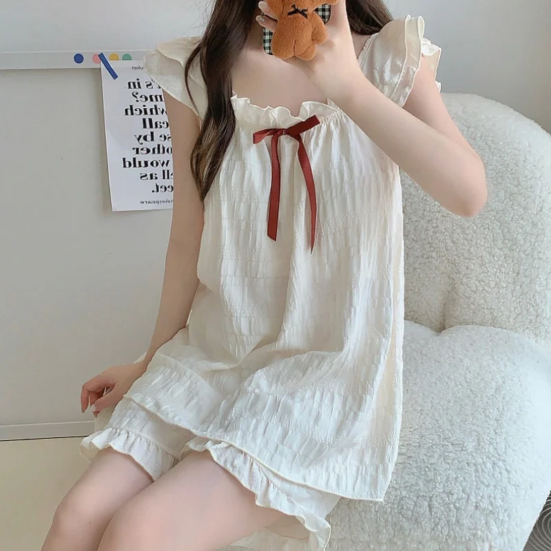 

Pajamas Female Summer 2025 New Princess Style Bow Jacquard Cotton with Corset Cushion Sleeveless Shorts Pajamas Suit Homewear