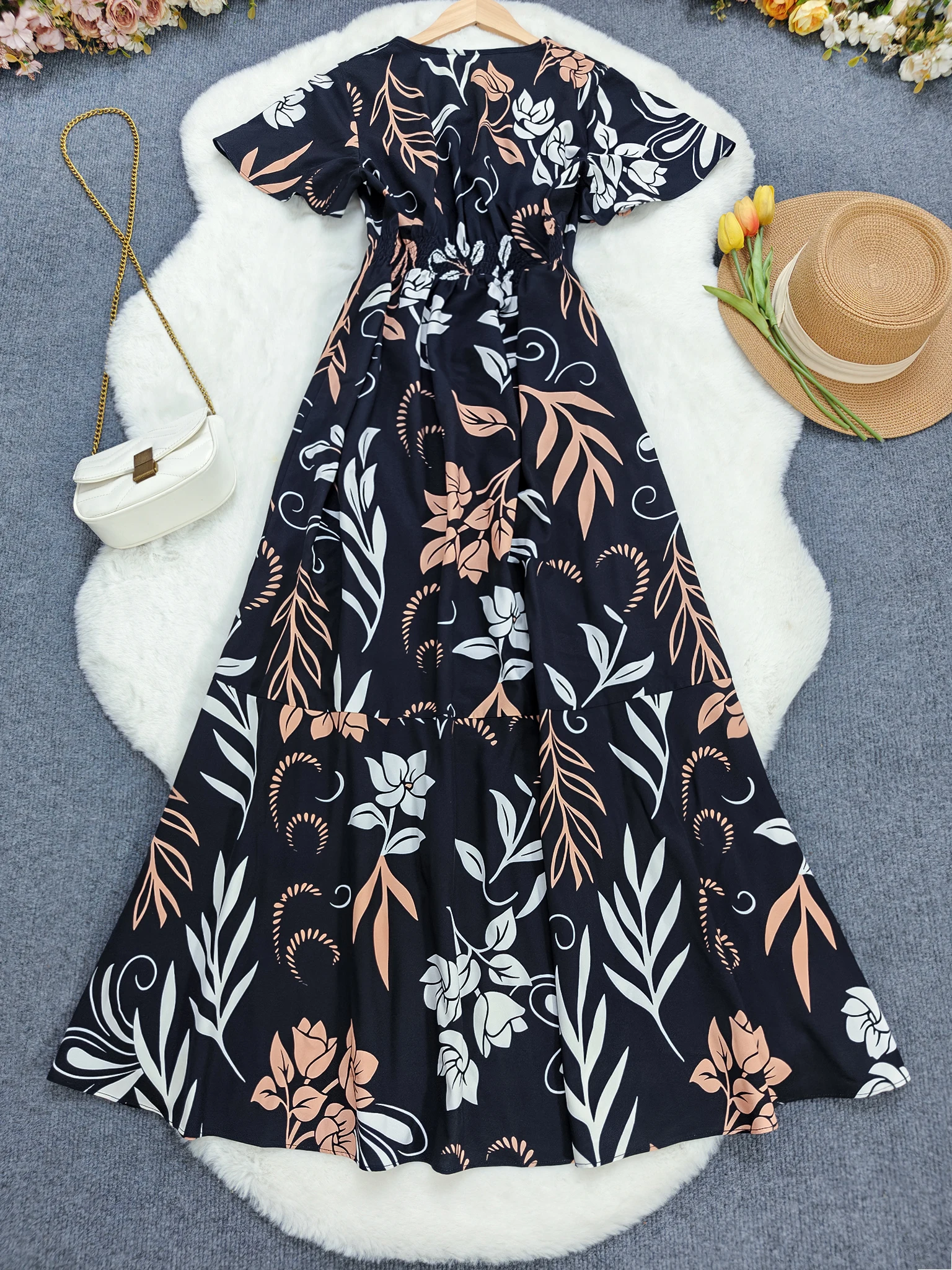 Abito lungo da donna a trapezio con stampa di foglie tropicali e vita grembiule - Abito da spiaggia Boho a maniche corte in nero/beige/marrone/per l'estate
