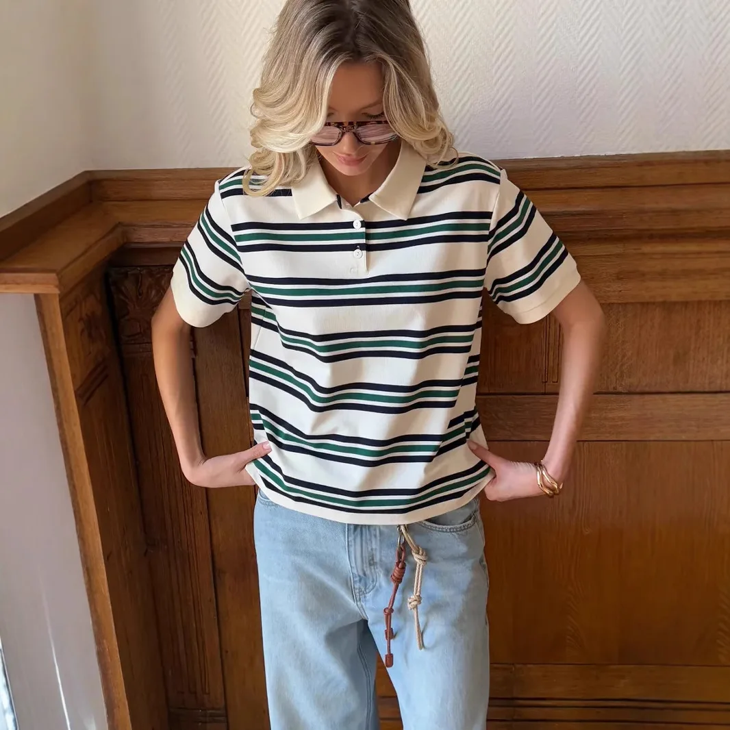 الرجعية المتناقضة قميص بولو مخطط 2025 الربيع والصيف المرأة موضة فضفاضة لينة غير بيلينغ القطن قصير الأكمام تي شيرت