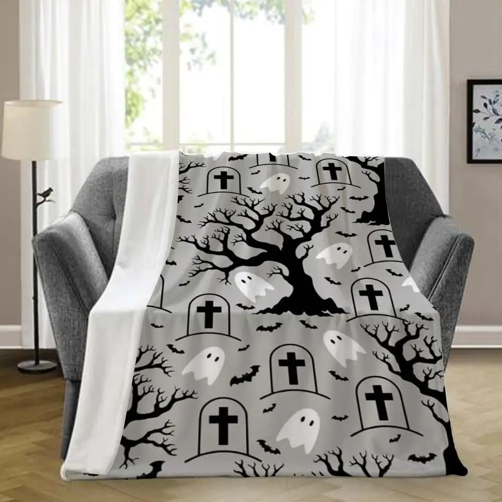 Cute Ghost Halloween Throw Blanket, Grey Background Cemetery Spooky Decor Sofa Blanket Throw Blanket Aesthetic Portable Home Tra