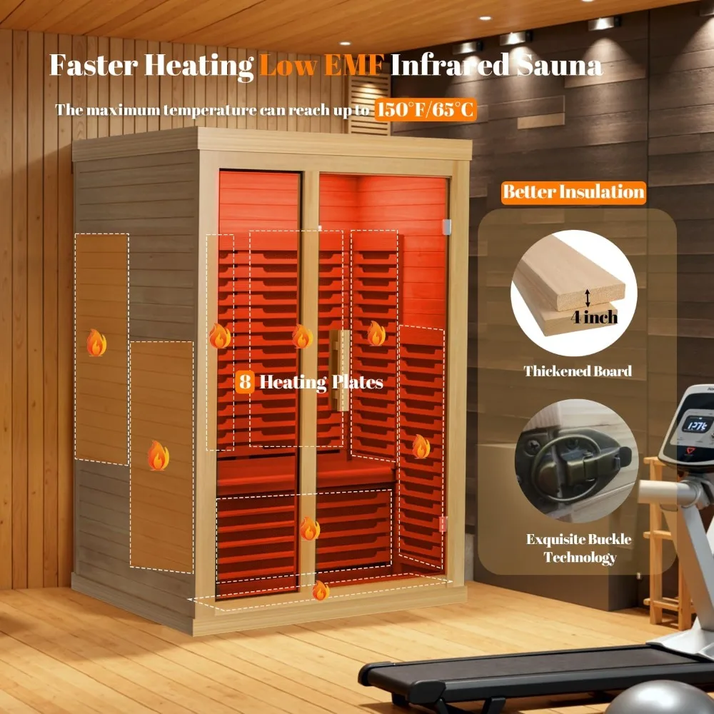 Far Infrared Wooden Sauna Low EMF- 2 Person Personal Sauna for Home Use, Full Spectrum Infrared Sauna, Dual Tempered Glass