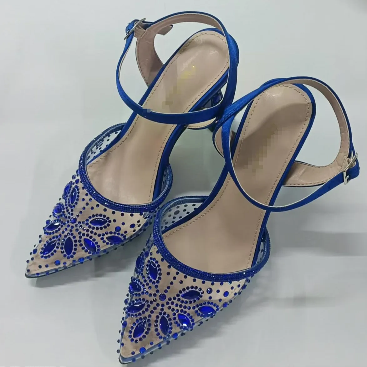 2026 Orange Transparent Mesh Rhinestone Slingback Pumps Gradient Crystal Pointed Toe Mid Heel Sandals Elegant Formal Dress Shoes view 2