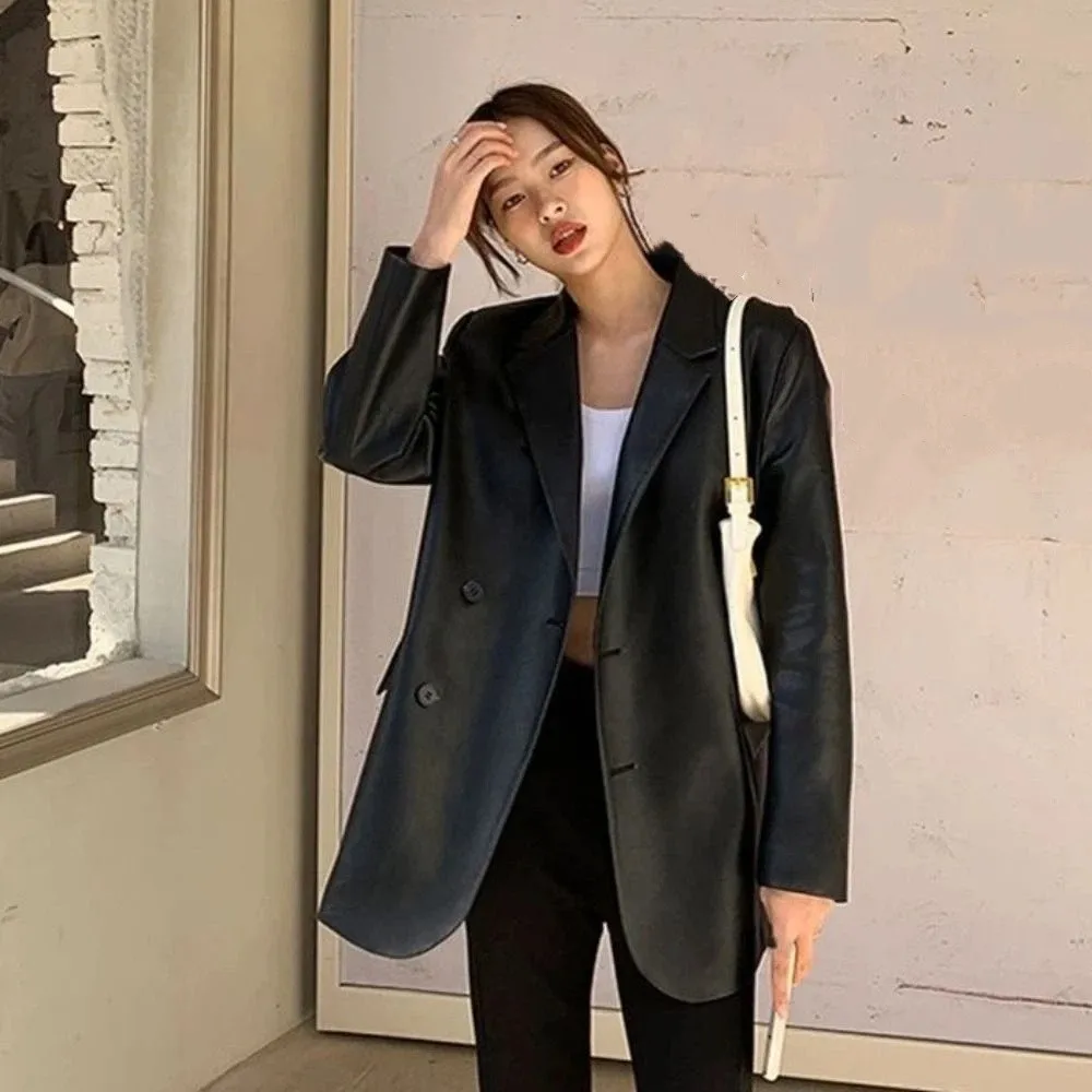 

Y2k Lapel Collar Leather Jacket Women Korean Chic Outerwear Suit Leather Jacket Loose Retro Vintage PU Coats Women