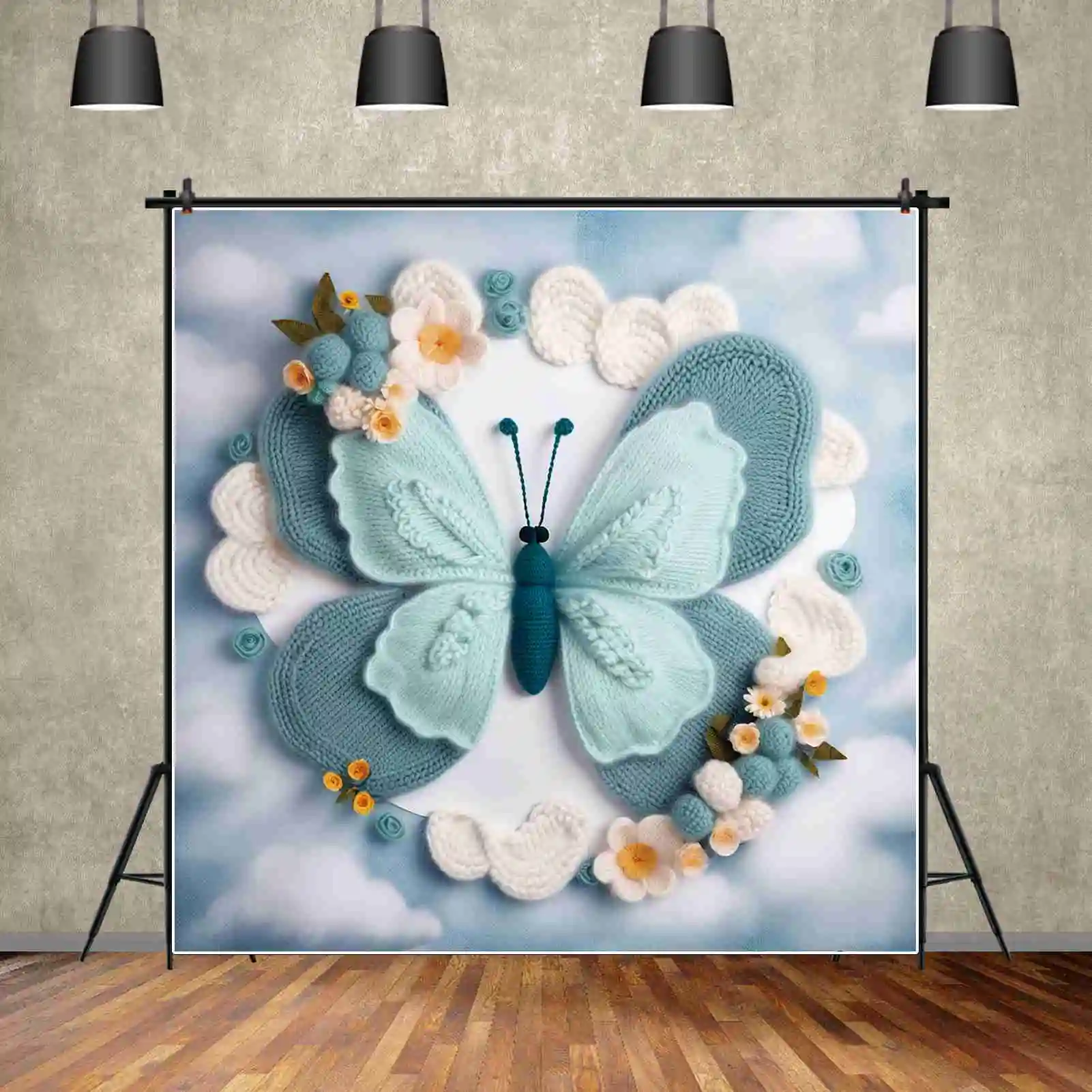 Фон для фотосъемки новорожденных с изображением Луны QG бабочки цветов облаков портретов розового и синего цвета