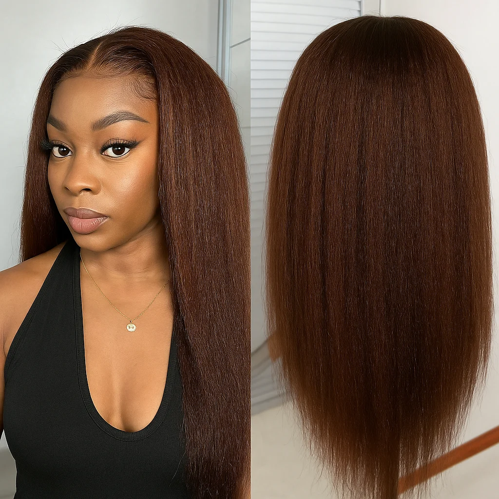 

Brown Yaki Straight 13x6 Lace Front Human Hair Wig Pre Cut Glueless Wig for Beginners Natural Hairline Pre Plucked