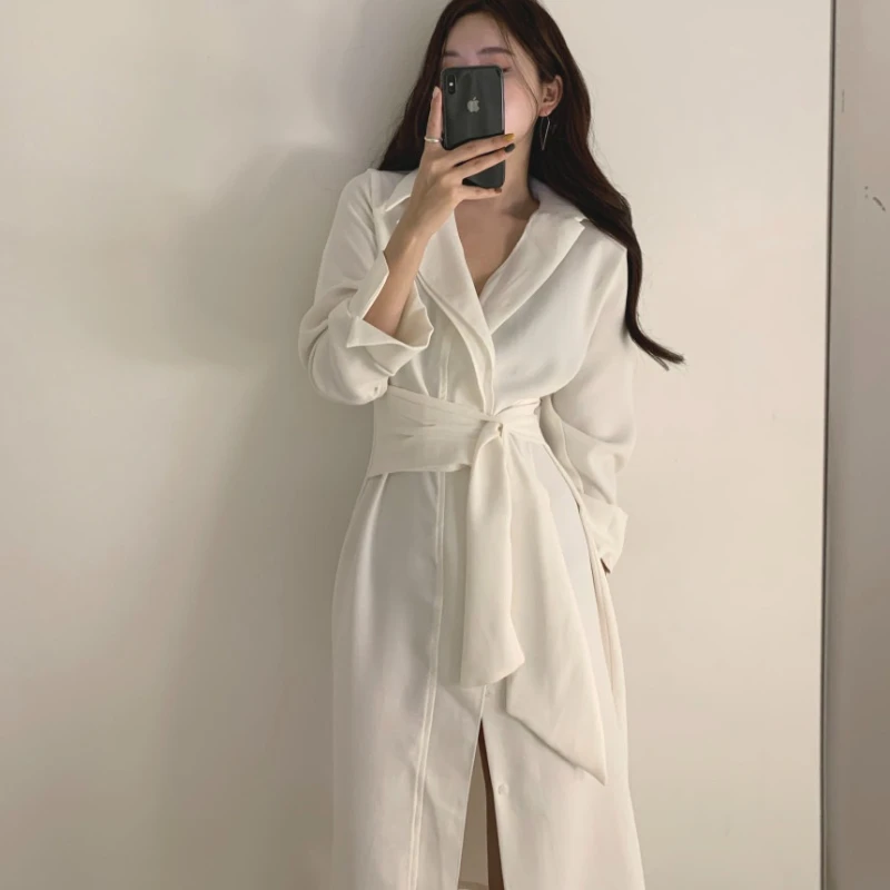 REALEFT Autunno Sinlge Breasted Camicie da donna allentate Abiti Telai 2025 Nuovo abito a trapezio elegante con spacco frontale a maniche lunghe femminile