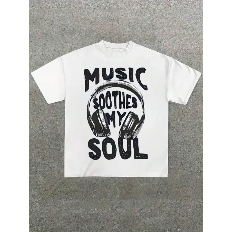 En's,Music Soothes My Soul Casual Printed T-Shirt Crew Neck Short Sleeve,220g Cotton T-Shirt