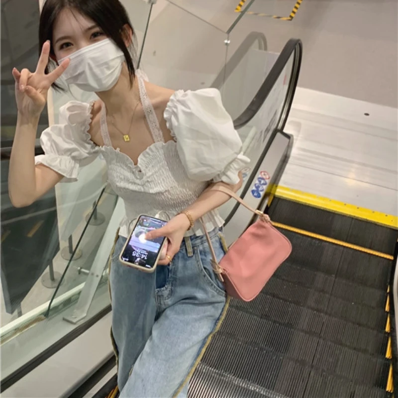 

Блузки женские укороченные белые однотонные милые универсальные уличные топы с пышными рукавами для девочек сексуальные романтические корейский стиль тонкие модные шикарные