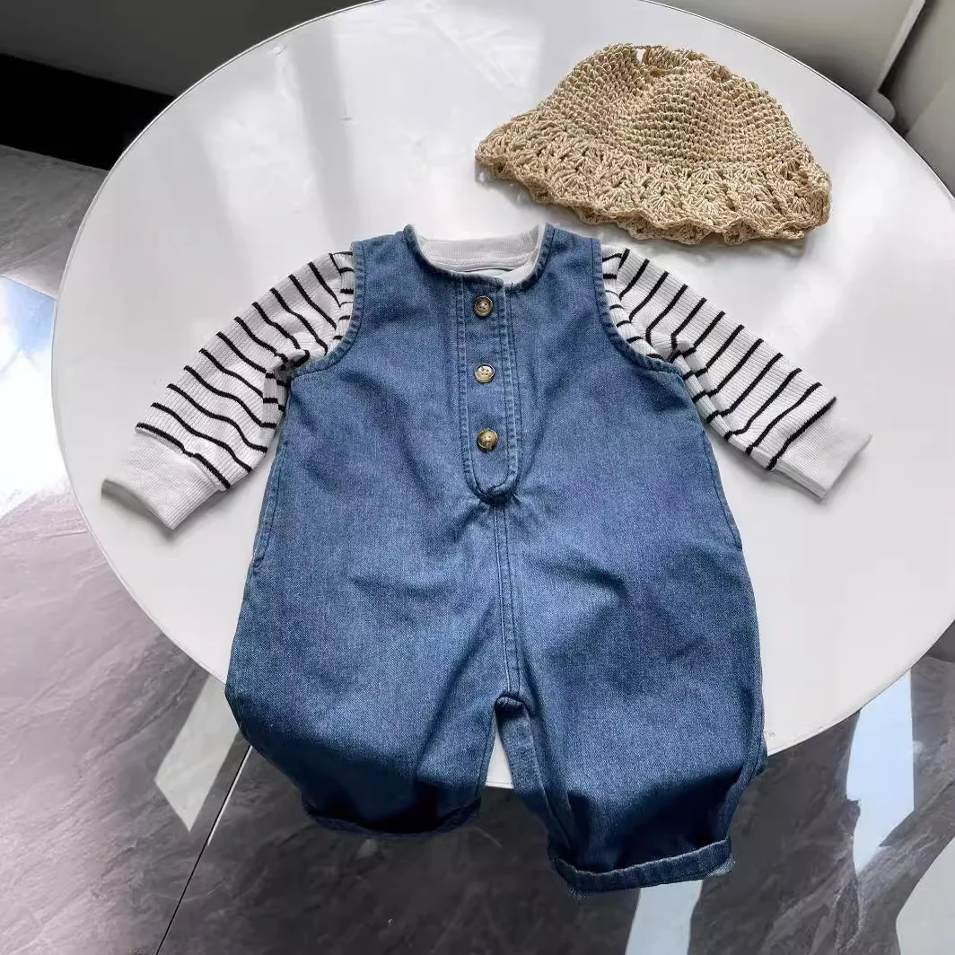 Babys Sets Jumpsuits Korean Sleeveless Cowboy Boys Girls Baby Four Seasons Versatile Fashion Retro Style Simple Fashion 2024