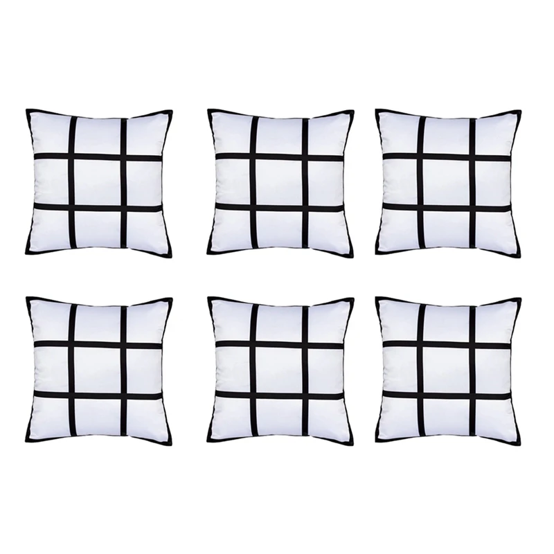 6Pcs Sublimation Blank Panel Pillow Case DIY Polyester Cushion Cover 9 Photo Heat Transfer Printing Throw Pillowcase