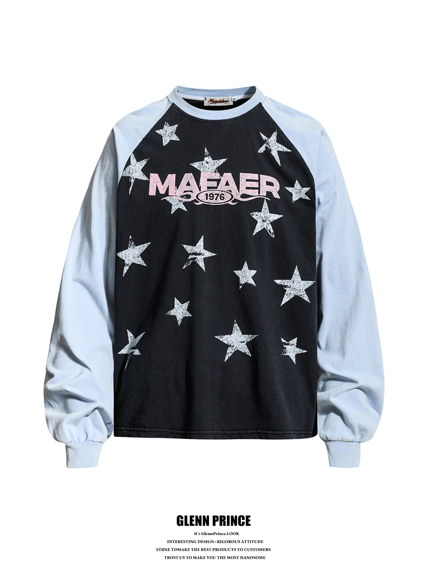 GPstudio American Vintage Star Print Color Block Long Sleeve T-Shirt Men's Unique Loose Tee Breathable Cotton Citywalk Wear