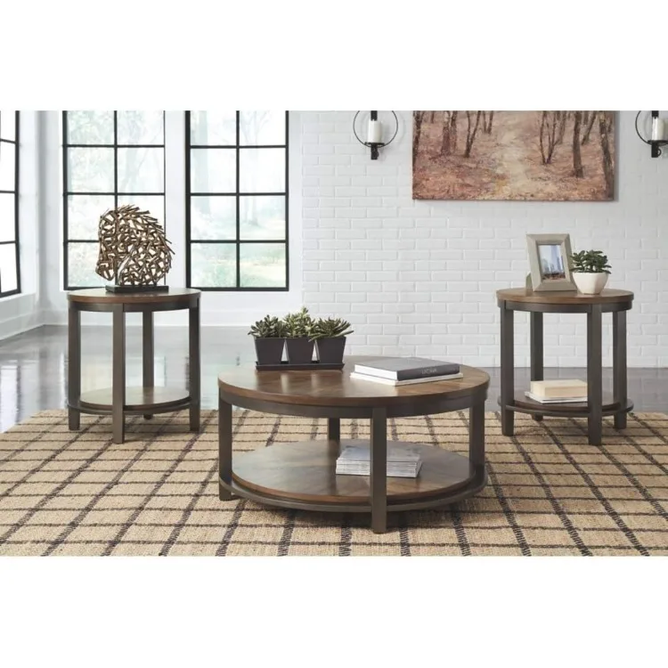 Roybeck Rustic Round 3-Piece Table Set, Includes 1 Coffee Table and 2 End Tables with Fixed Shelf, Light Brown