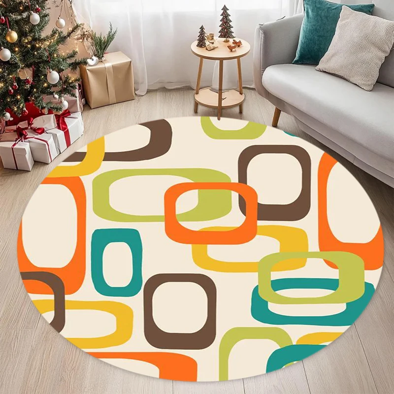 Mid Century Modern Geometric Round Rug Retro Color Block Abstract Square Print Carpet for Living Room Bedroom Home Decor