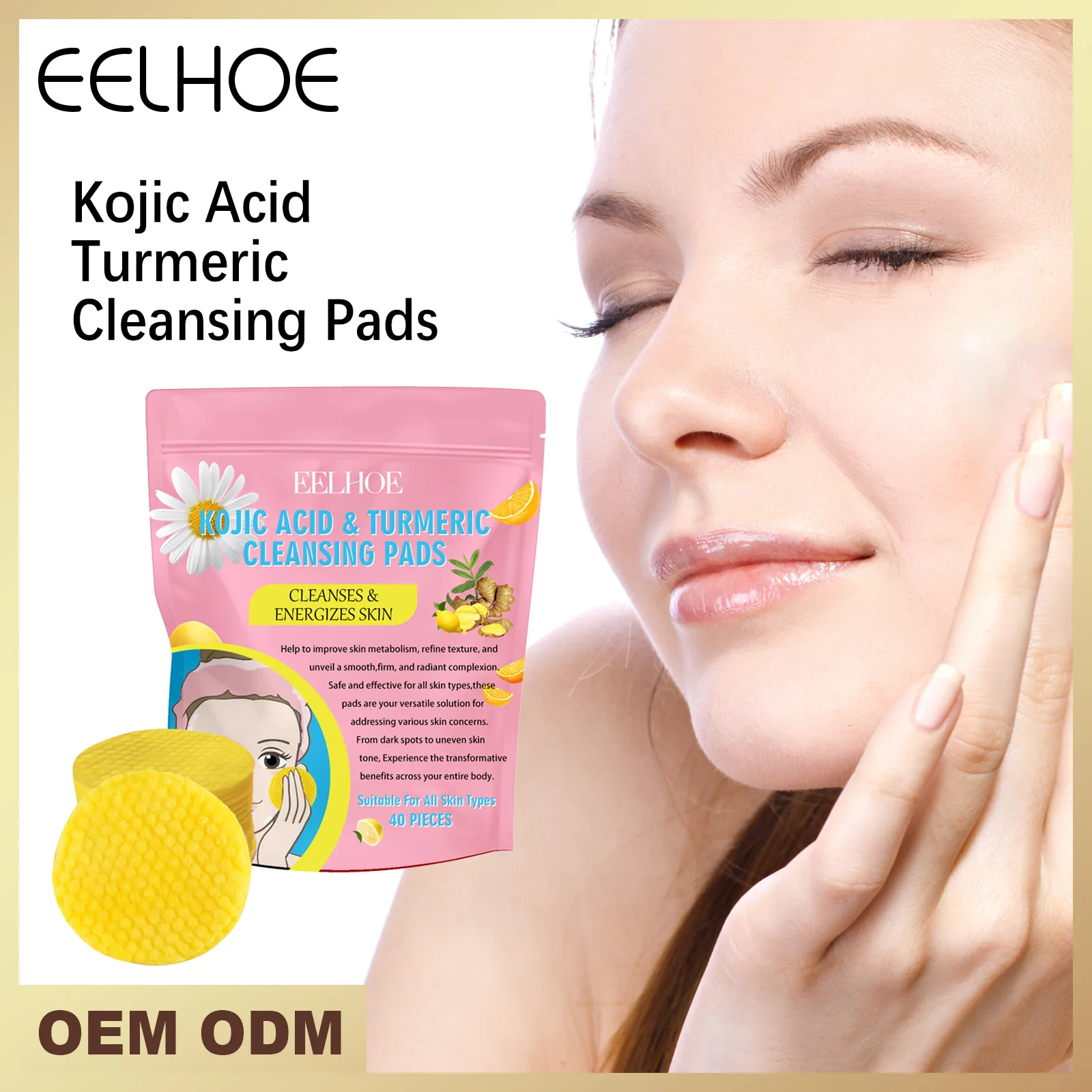 skincare tools Turmeric Kojic Acid Cleansing Pad Gentle Cleansing Skin Care Fades Acne Facial Brightening and Tender Pores 40pc