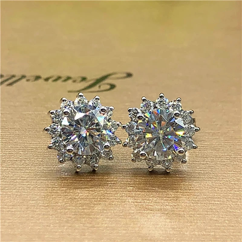 9K White Gold Stud Earrings Women 0.5 1 2 3 Carat Round Moissanite Diamond Present Wedding Engagement Party Sun Flower Gift