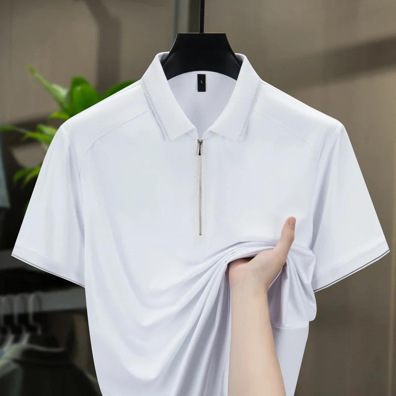 New Summer Breathable Cool Fashion Lapel Zipper Solid Color Polo Short Sleeve Business Men's High-grade Casual T-shirt Top