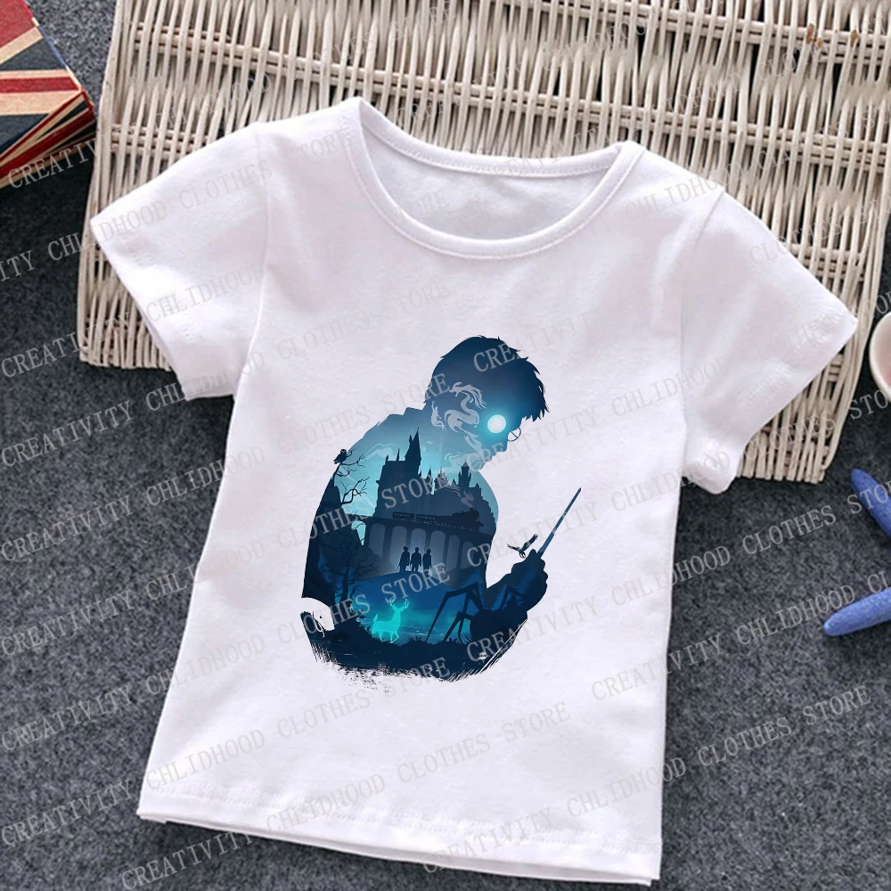 Camiseta de Harry Potter para niños y niñas, ropa de película mágica, dibujos animados Kawaii, camisetas informales de manga corta, 2024