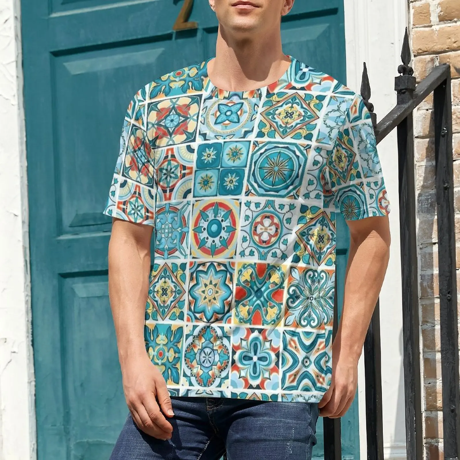 Original T-Shirt Teal Patch Majolica Tile Print T-Shirts  Aesthetic Fashion Tee Shirt For Male Short Sleeve Plus Size Clothes